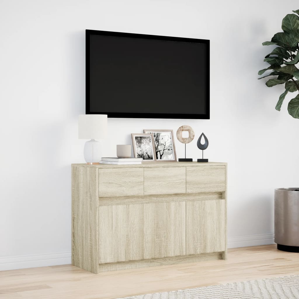 tv-bord med LED-lys 91x34x61 cm konstrueret træ sonoma-eg