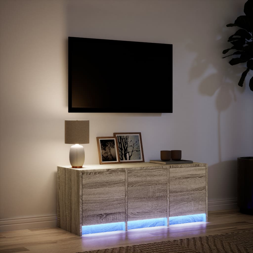 tv-bord med LED-lys 97x34x40 cm konstrueret træ sonoma-eg