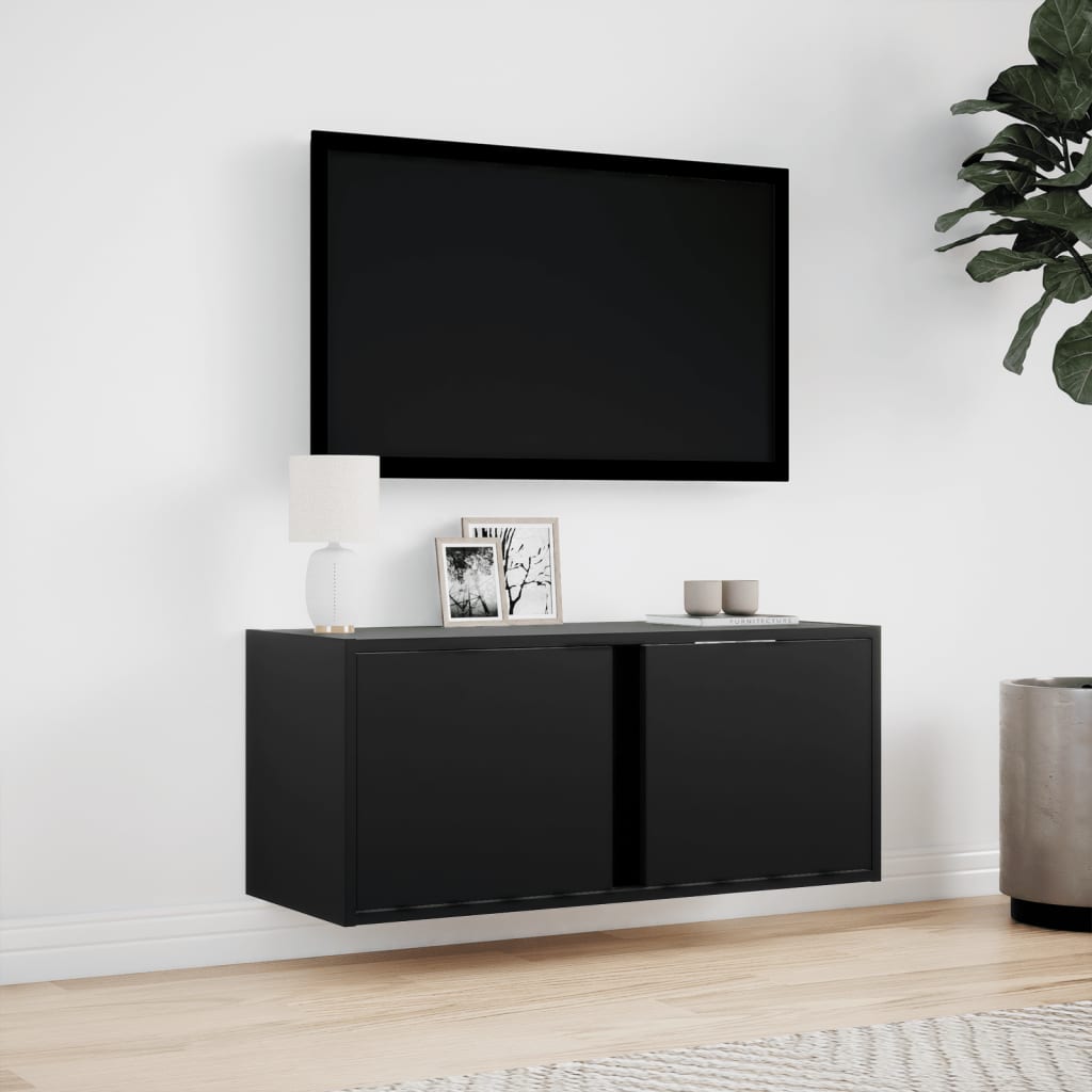 væghængt tv-bord med LED-lys 80x31x35 cm sort