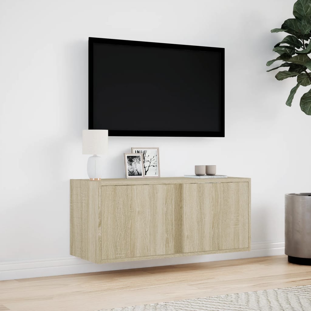 væghængt tv-bord med LED-lys 80x31x35 cm sonoma-eg