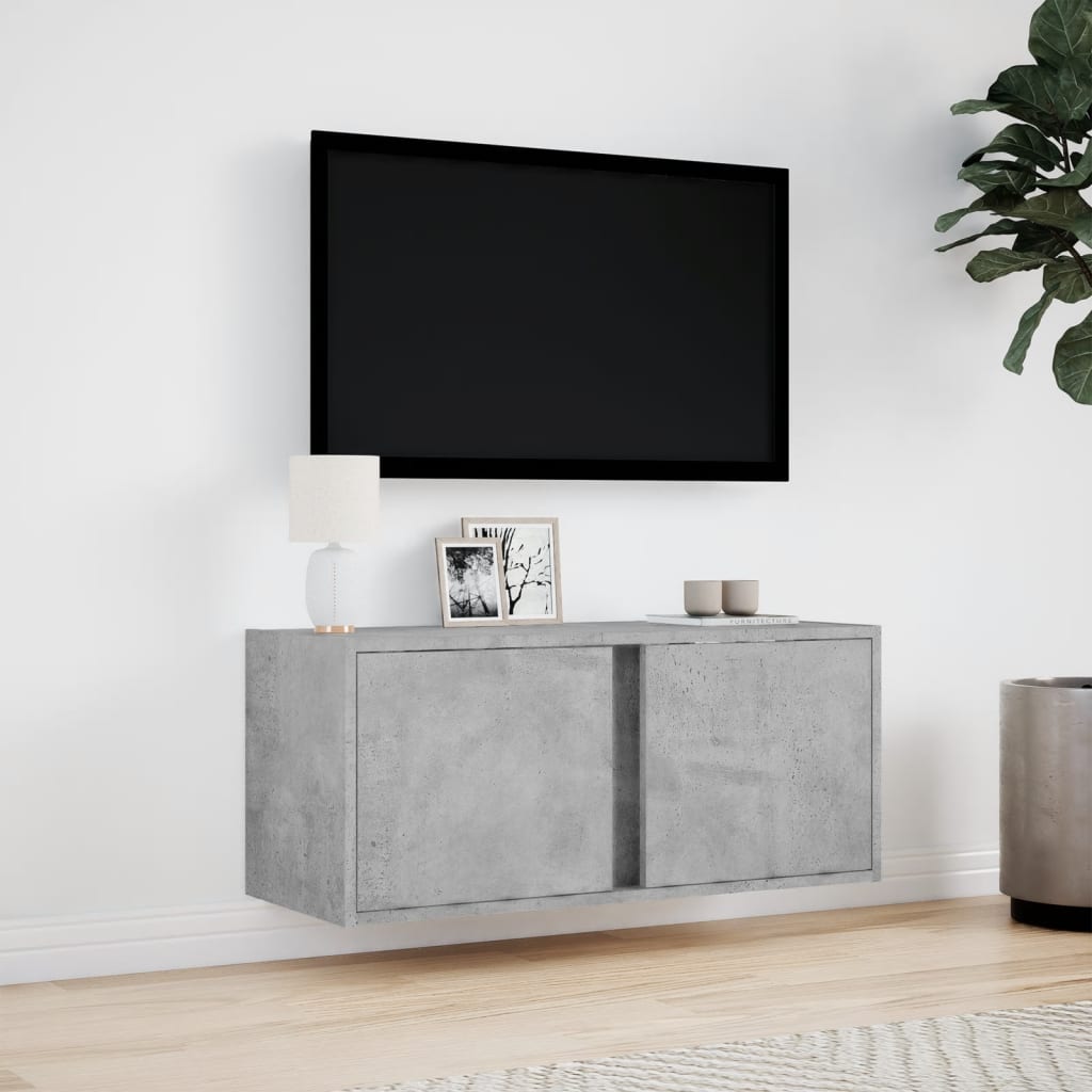 væghængt tv-bord med LED-lys 80x31x35 cm betongrå