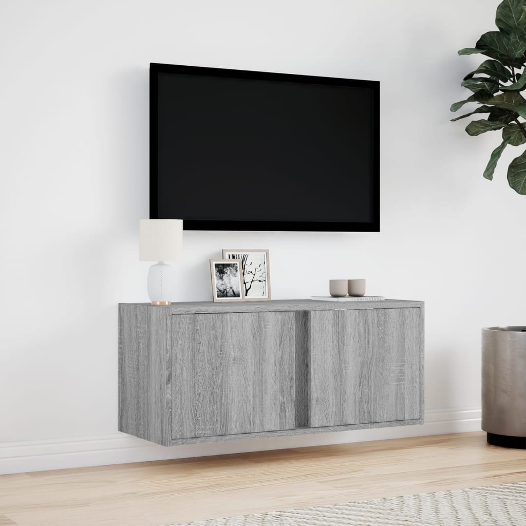 væghængt tv-bord med LED-lys 80x31x35 cm grå sonoma-eg