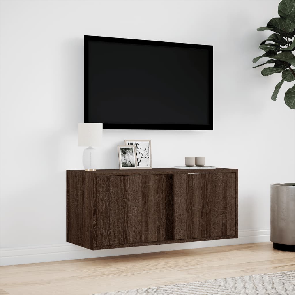 væghængt tv-bord med LED-lys 80x31x35 cm brun egetræsfarve