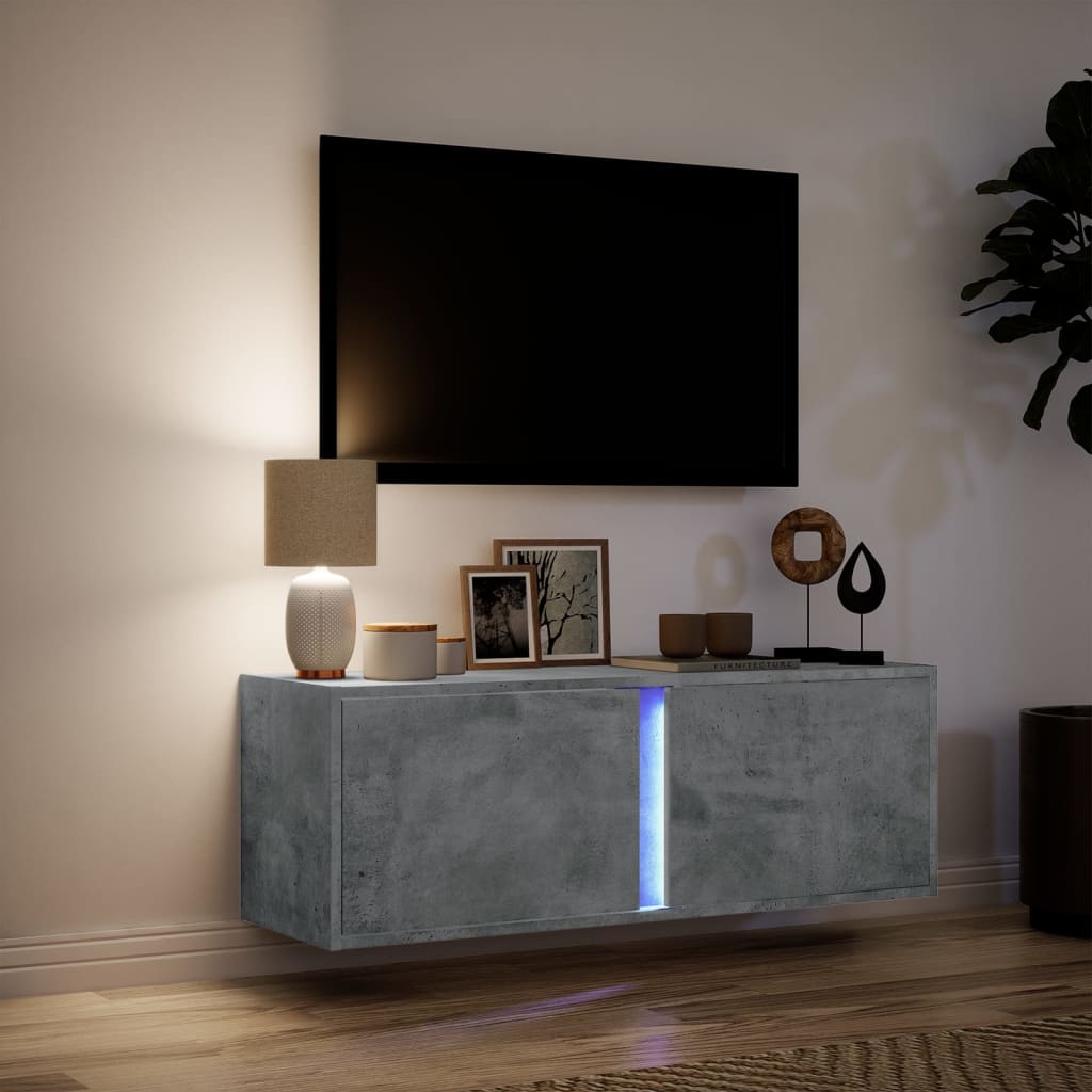 væghængt tv-bord med LED-lys 100x31x35 cm betongrå