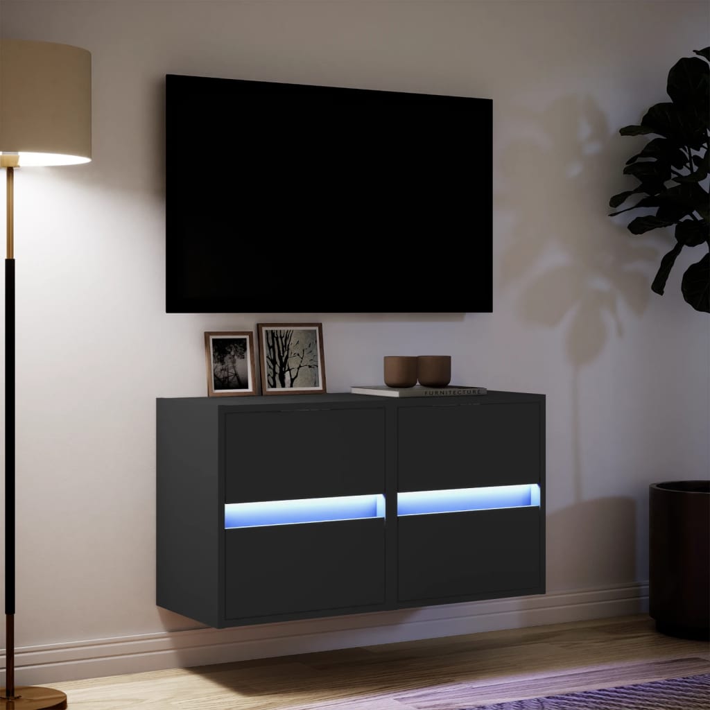 væghængte tv-borde 2 stk. med LED-lys 41x31x45 cm sort