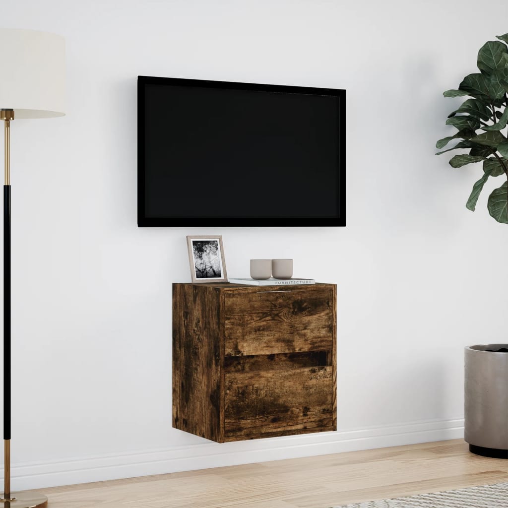 væghængt tv-bord med LED-lys 41x31x45 cm røget egetræsfarve