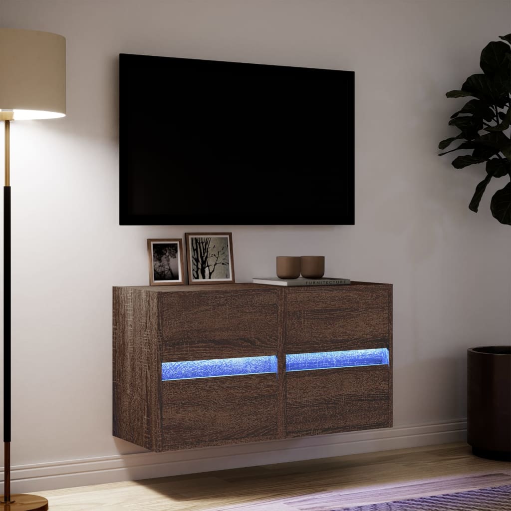 væghængte tv-borde 2 stk. med LED-lys 41x31x45 cm brunt eg