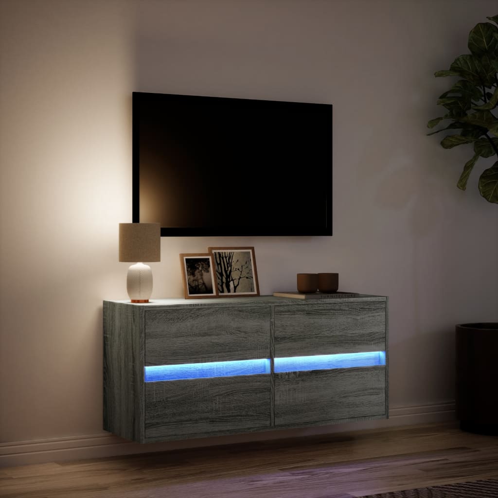 væghængt tv-bord med LED-lys 100x31x45 cm grå sonoma-eg