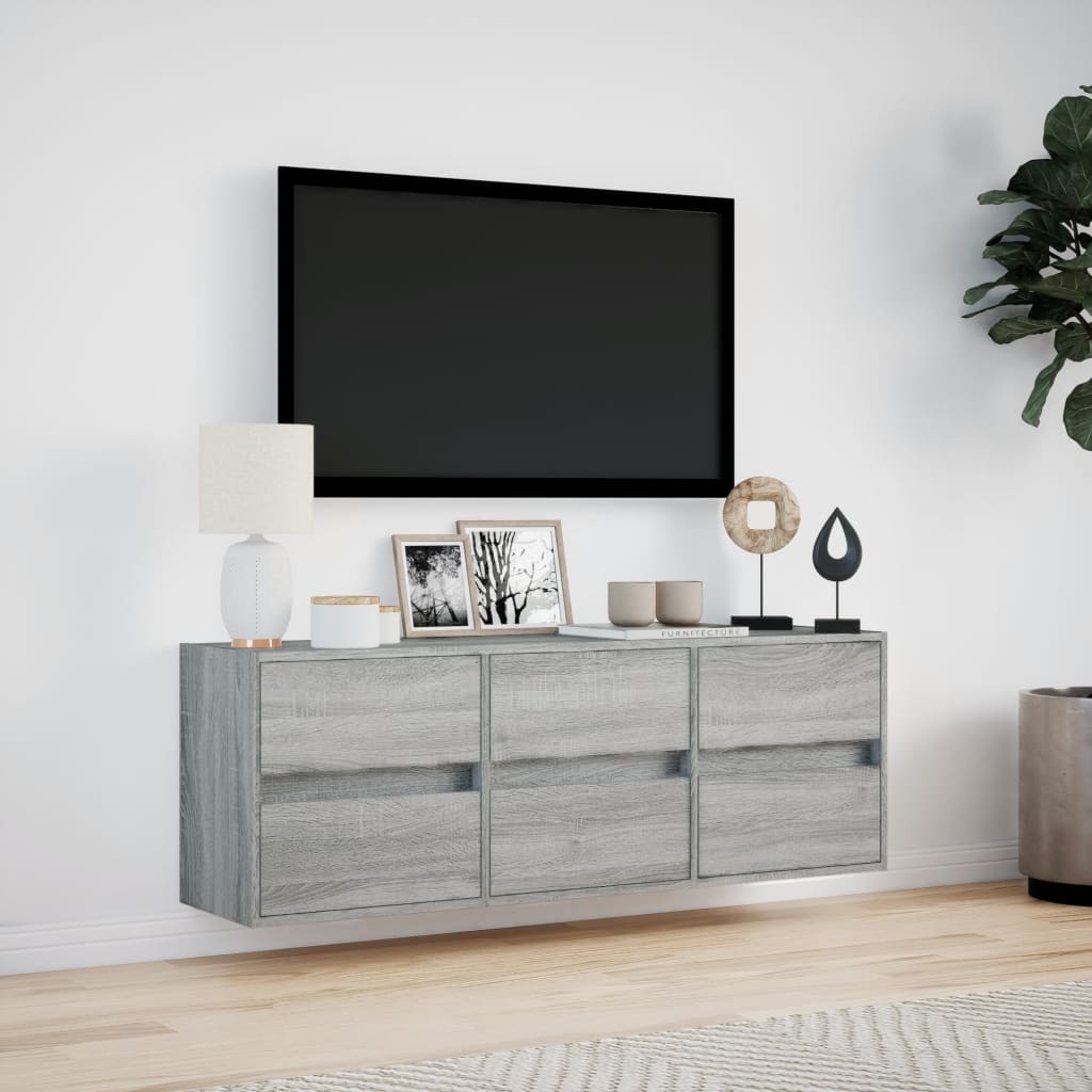 væghængt tv-bord med LED-lys 130x31x45 cm grå sonoma-eg