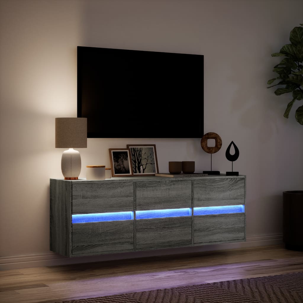 væghængt tv-bord med LED-lys 130x31x45 cm grå sonoma-eg