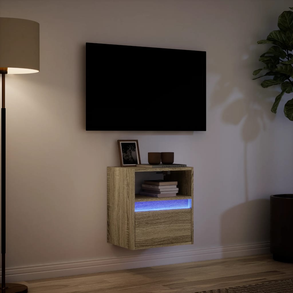 væghængt tv-bord med LED-lys 41x31x45 cm sonoma-eg