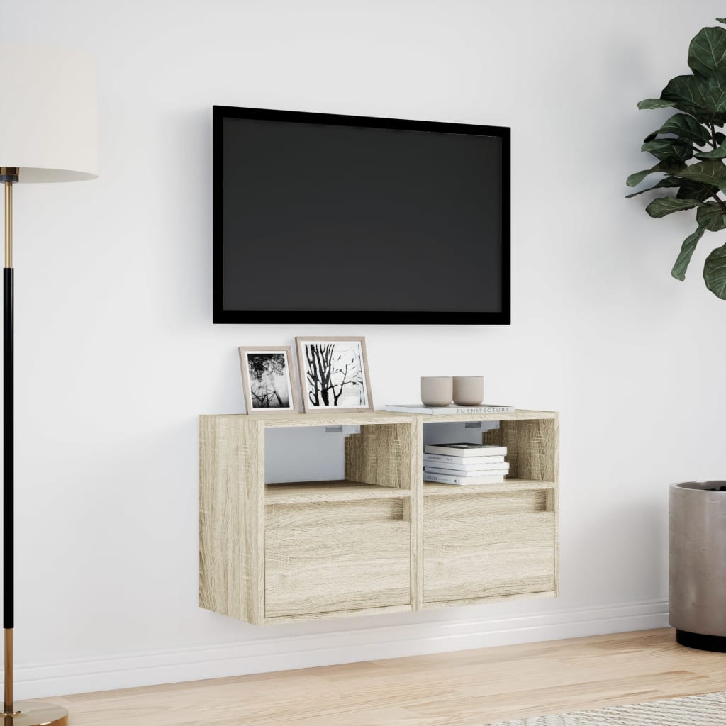 væghængte tv-borde 2 stk. med LED-lys 41x31x45 cm sonoma-eg