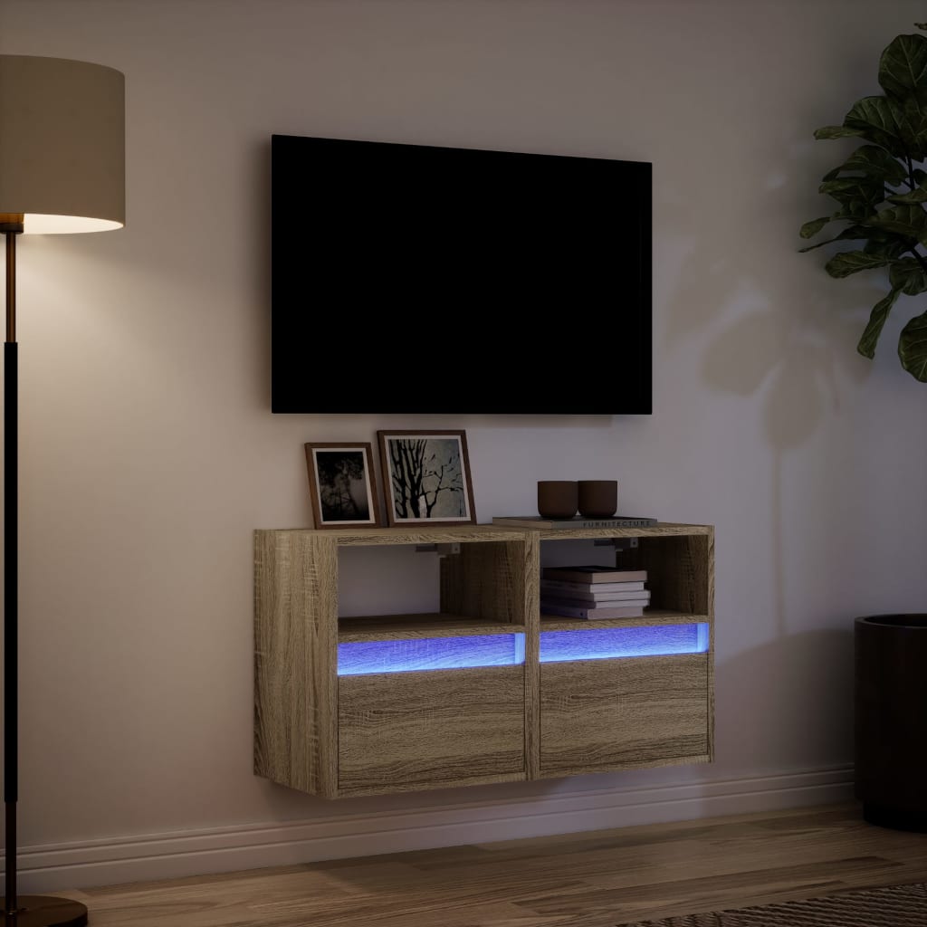 væghængte tv-borde 2 stk. med LED-lys 41x31x45 cm sonoma-eg