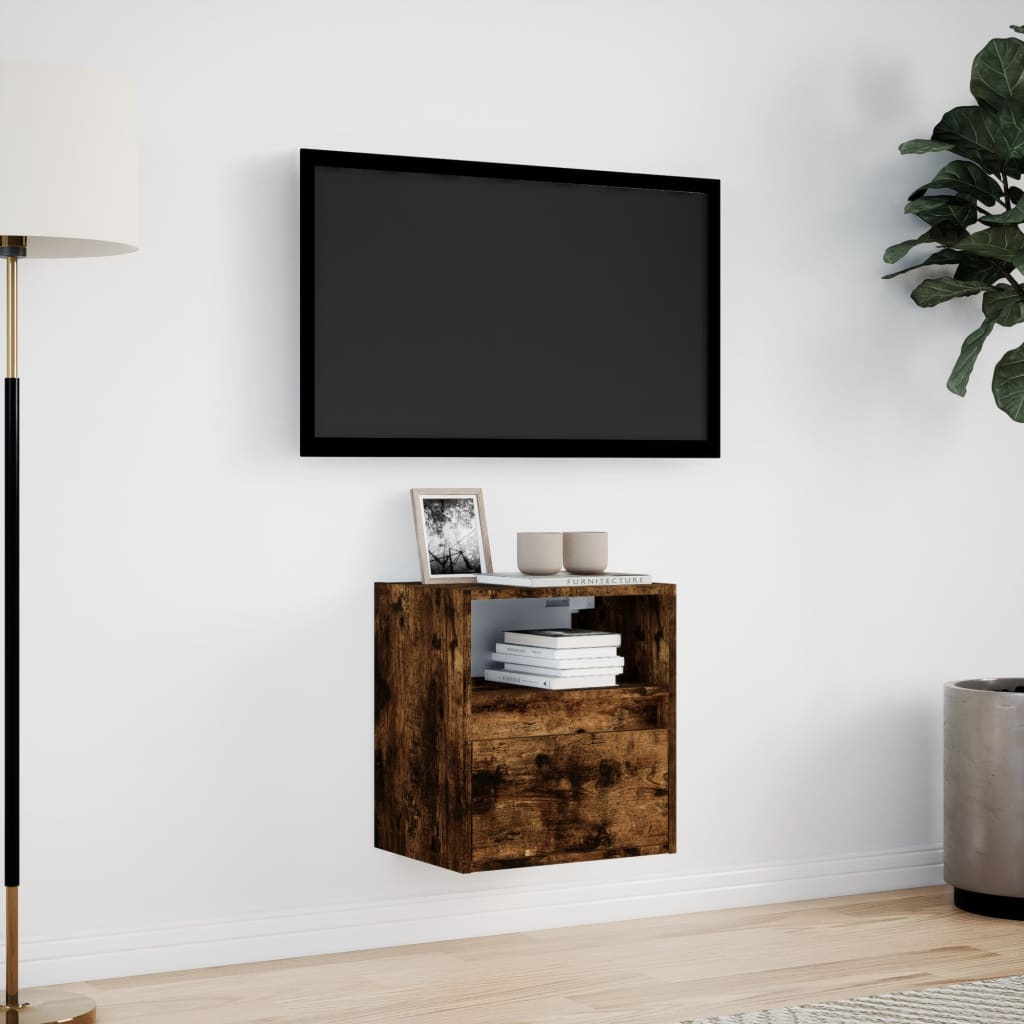 væghængt tv-bord med LED-lys 41x31x45 cm røget egetræsfarve