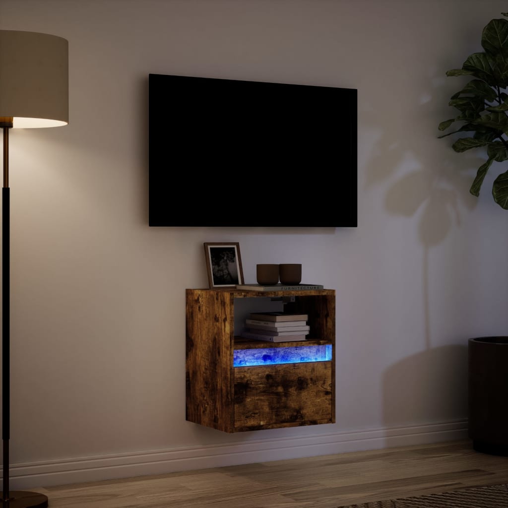 væghængt tv-bord med LED-lys 41x31x45 cm røget egetræsfarve