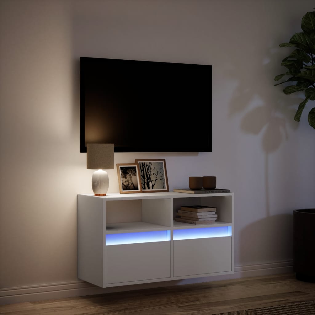 væghængt tv-bord med LED-lys 80x31x45 cm hvid