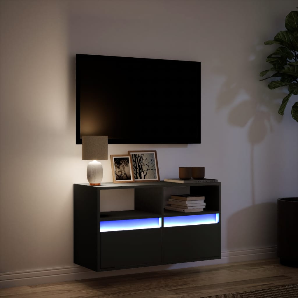 væghængt tv-bord med LED-lys 80x31x45 cm sort