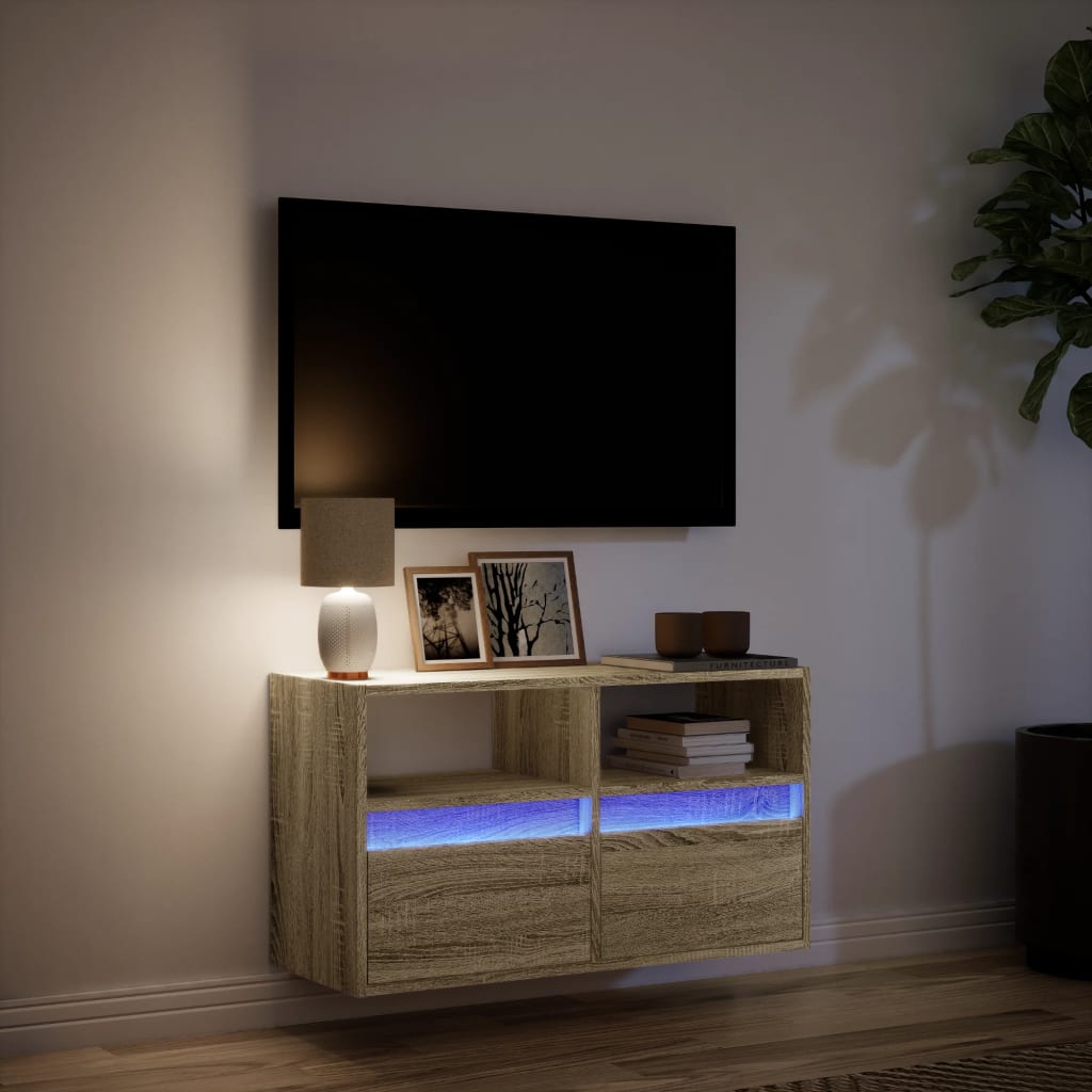 væghængt tv-bord med LED-lys 80x31x45 cm sonoma-eg