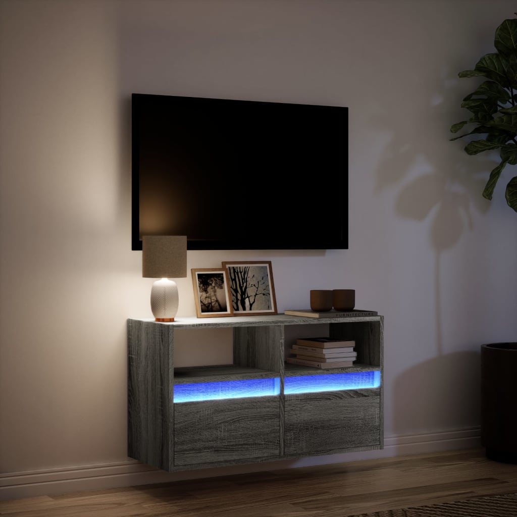 væghængt tv-bord med LED-lys 80x31x45 cm grå sonoma-eg