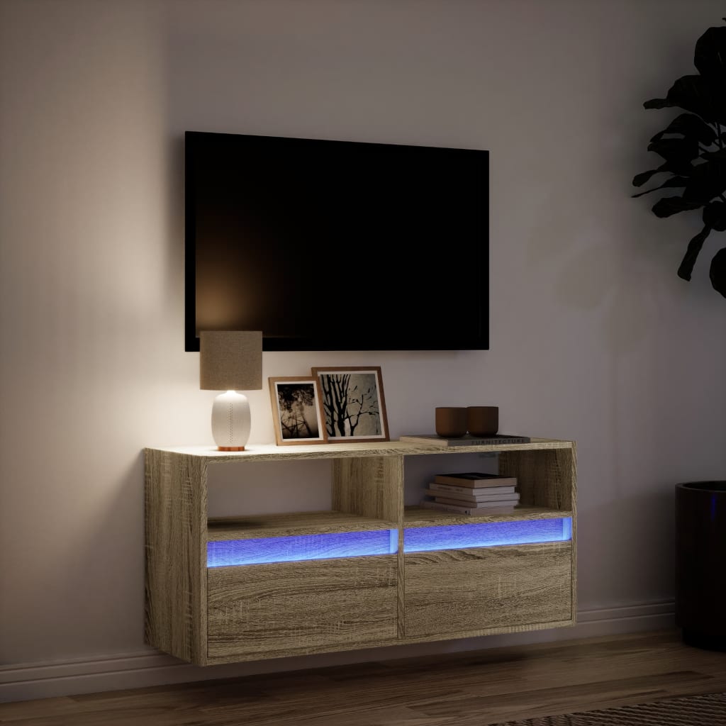 væghængt tv-bord med LED-lys 100x31x45 cm sonoma-eg