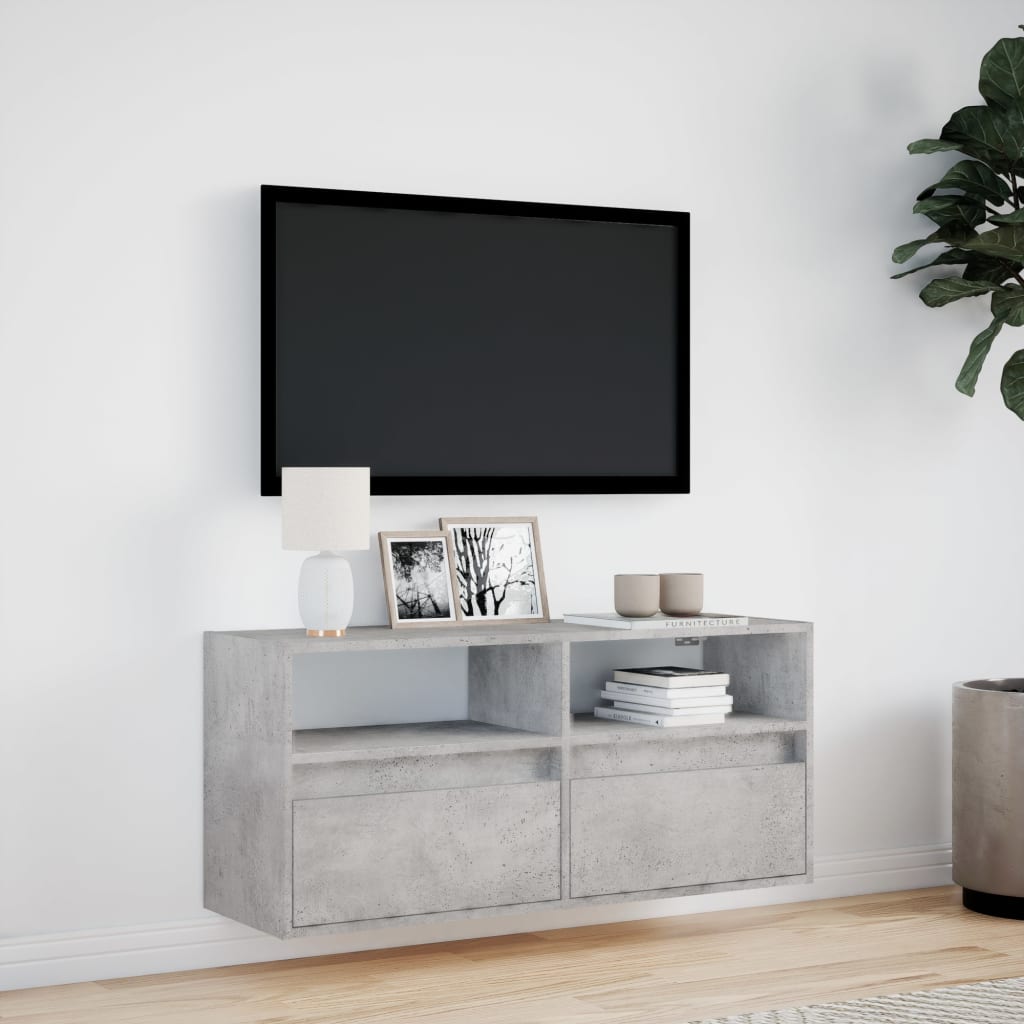 væghængt tv-bord med LED-lys 100x31x45 cm betongrå