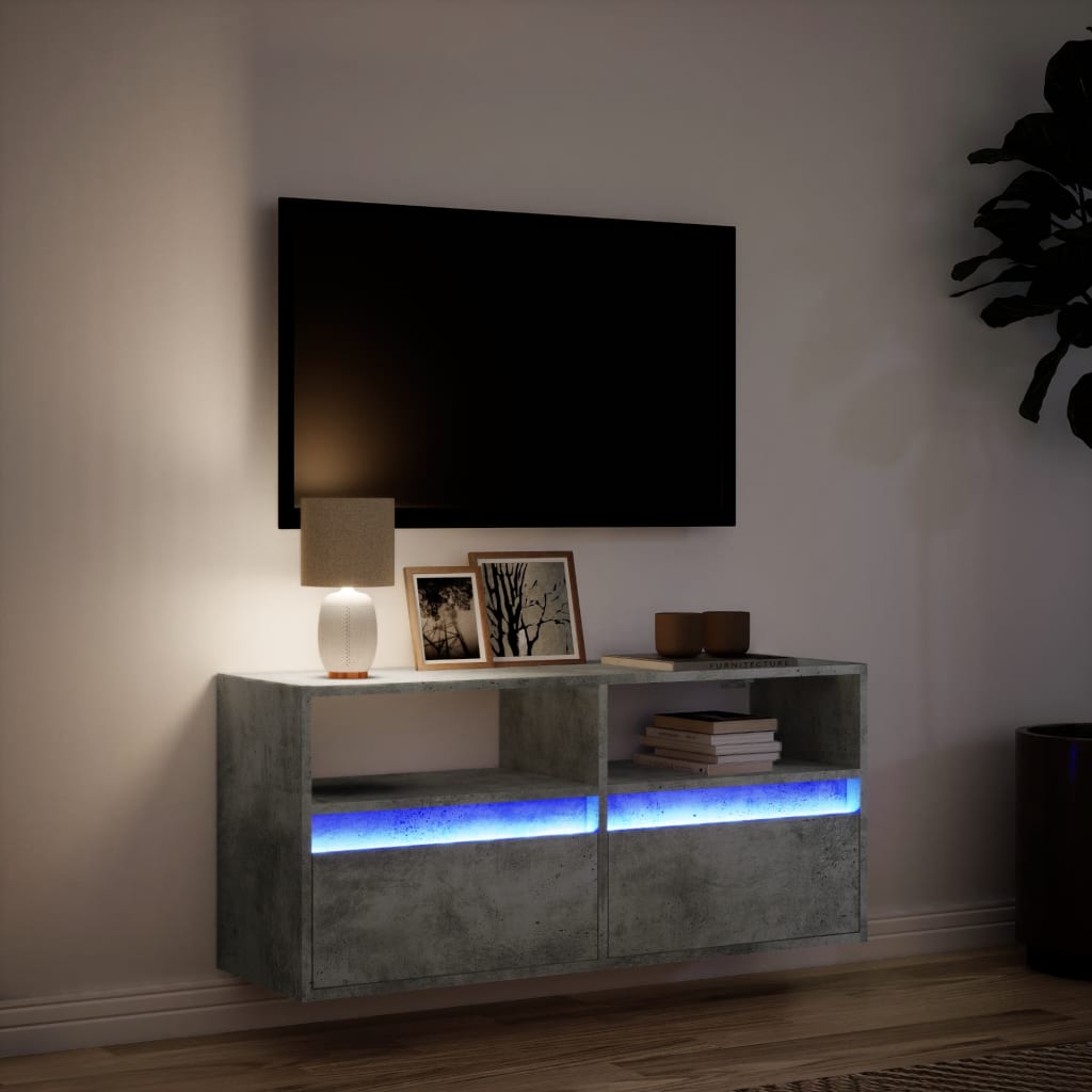 væghængt tv-bord med LED-lys 100x31x45 cm betongrå