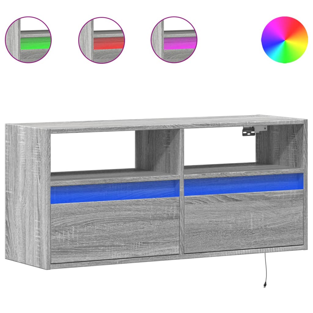 væghængt tv-bord med LED-lys 100x31x45 cm grå sonoma-eg