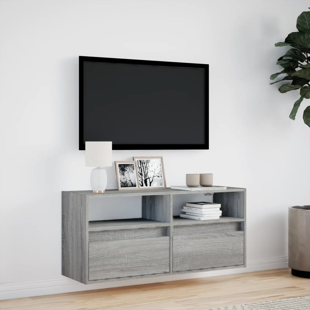 væghængt tv-bord med LED-lys 100x31x45 cm grå sonoma-eg