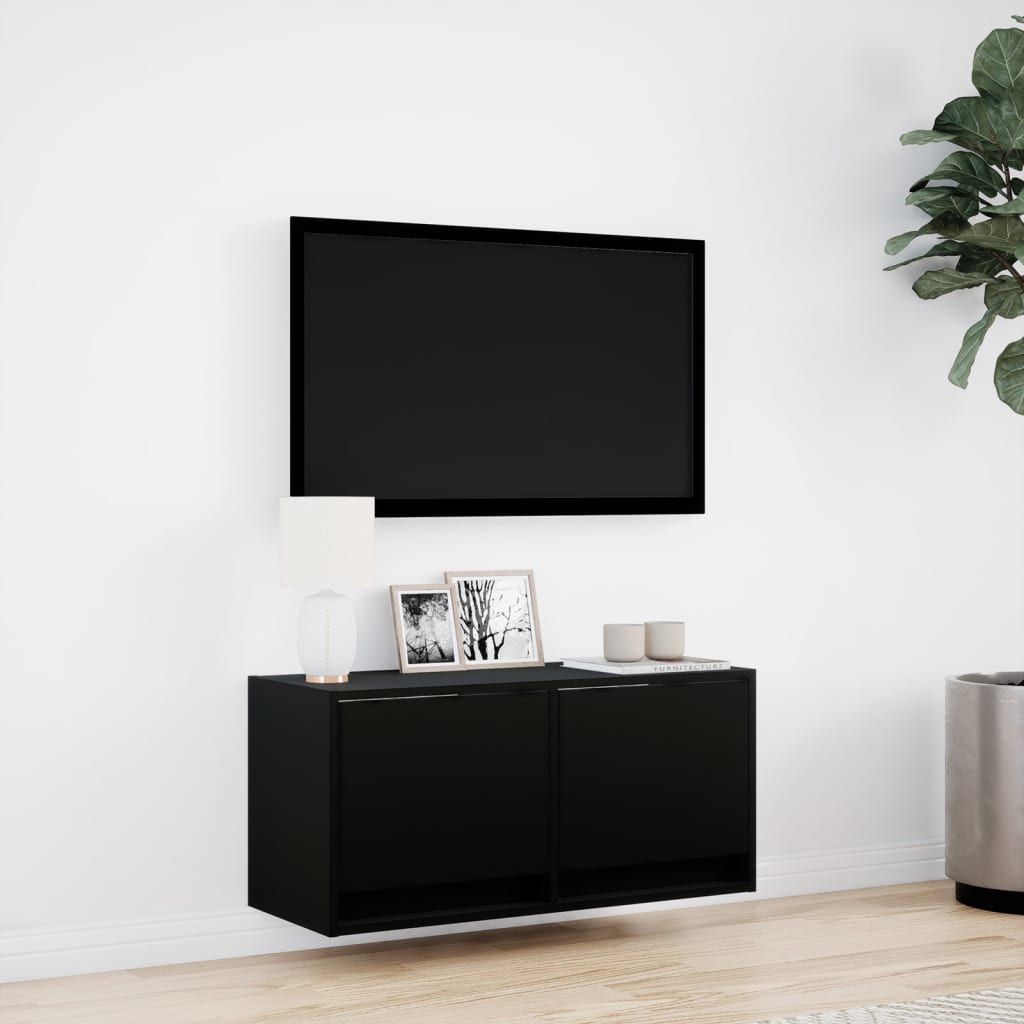 væghængt tv-bord med LED-lys 80x31x35 cm sort