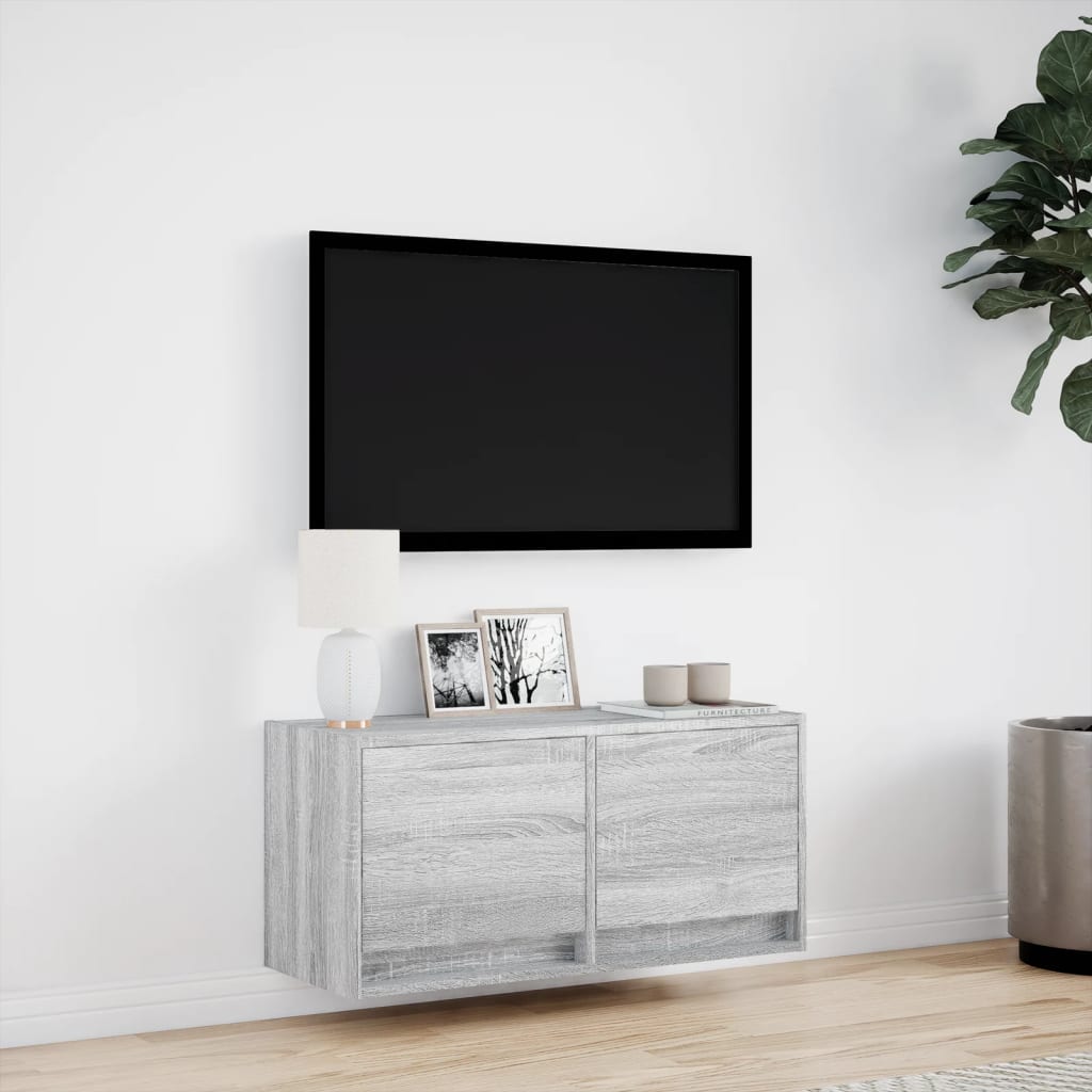 væghængt tv-bord med LED-lys 80x31x35 cm grå sonoma-eg