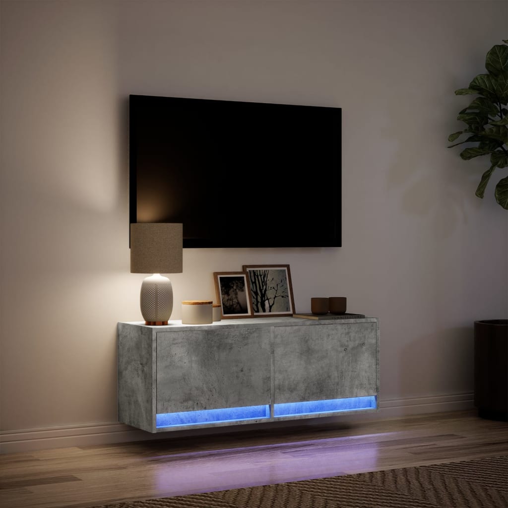 væghængt tv-bord med LED-lys 100x31x35 cm betongrå