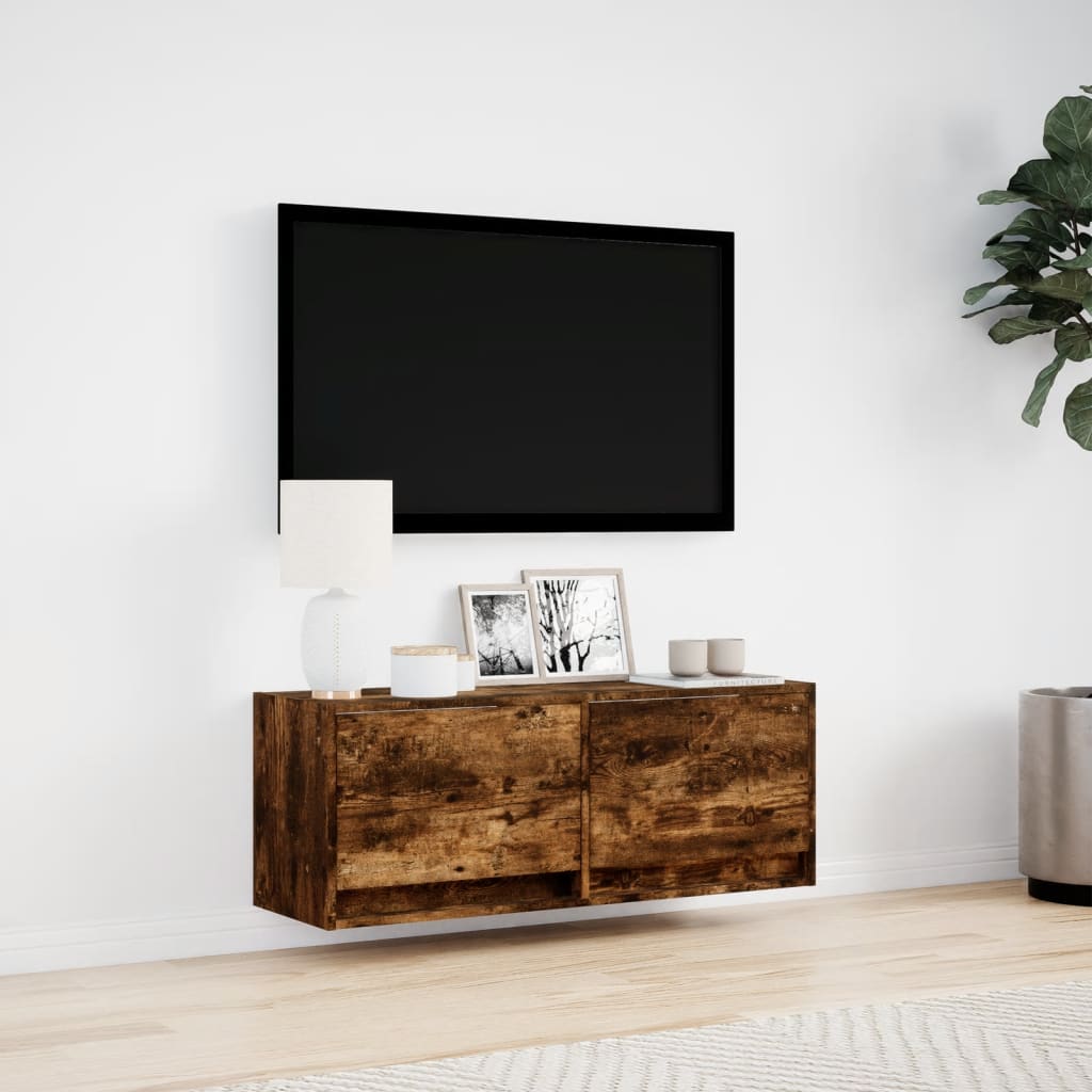 væghængt tv-bord med LED-lys 100x31x35 cm røget egetræsfarve