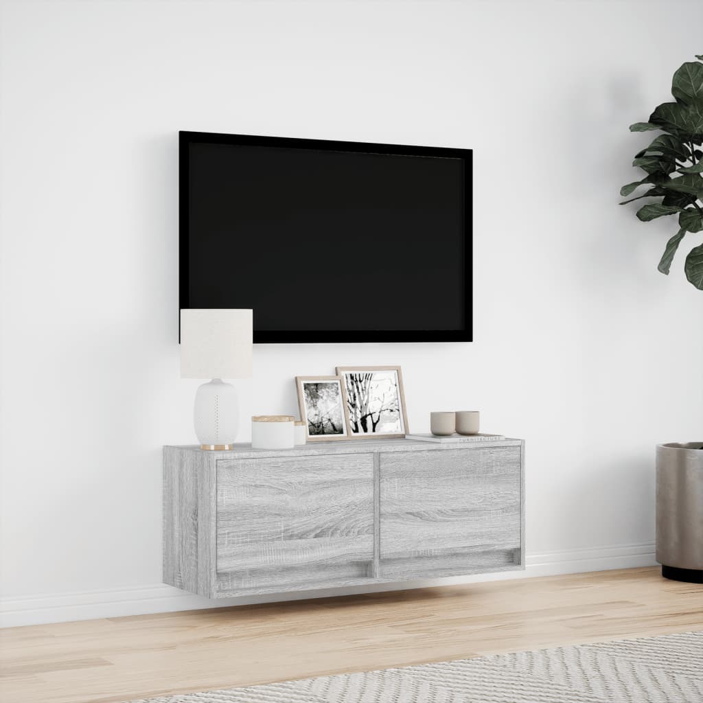 væghængt tv-bord med LED-lys 100x31x35 cm grå sonoma-eg