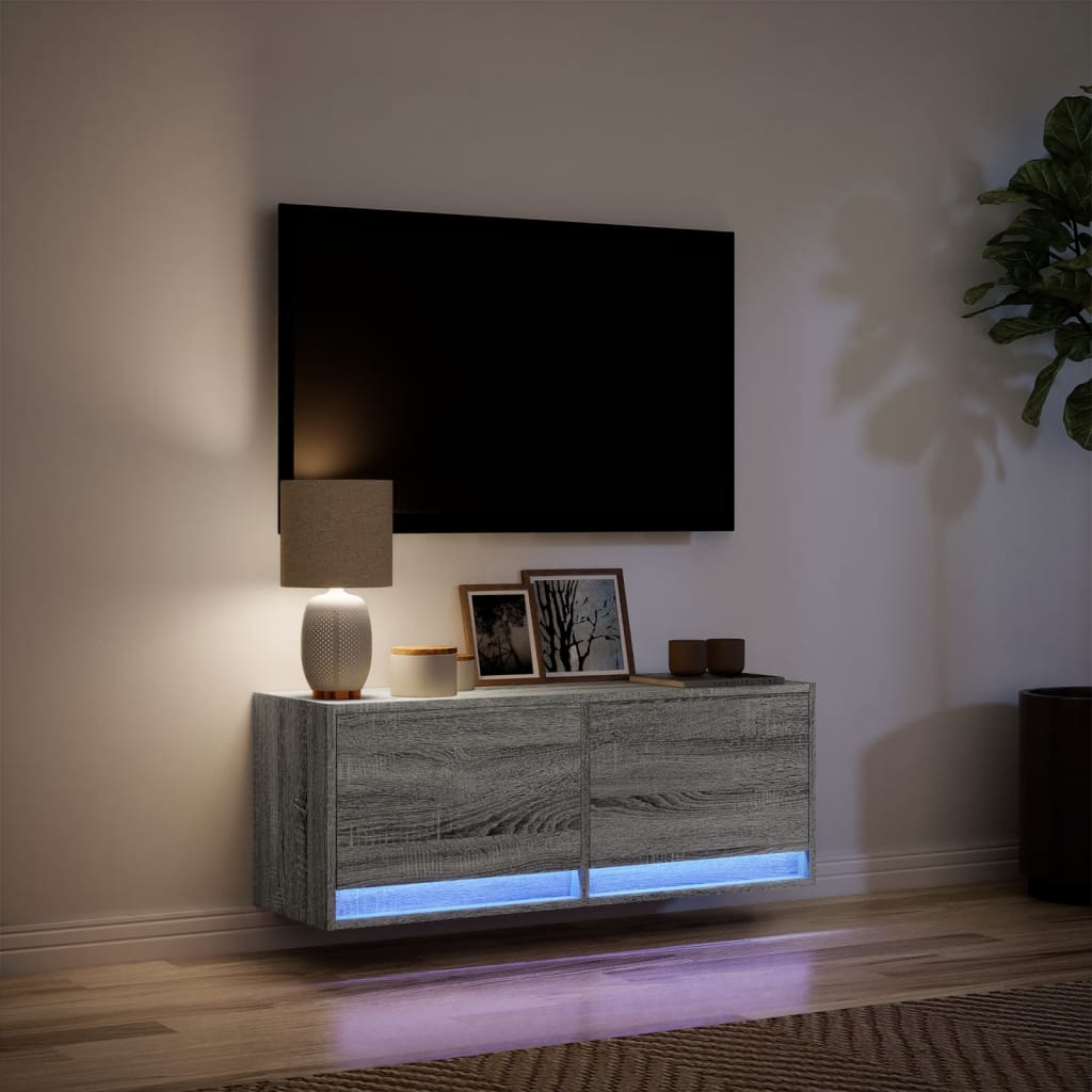 væghængt tv-bord med LED-lys 100x31x35 cm grå sonoma-eg