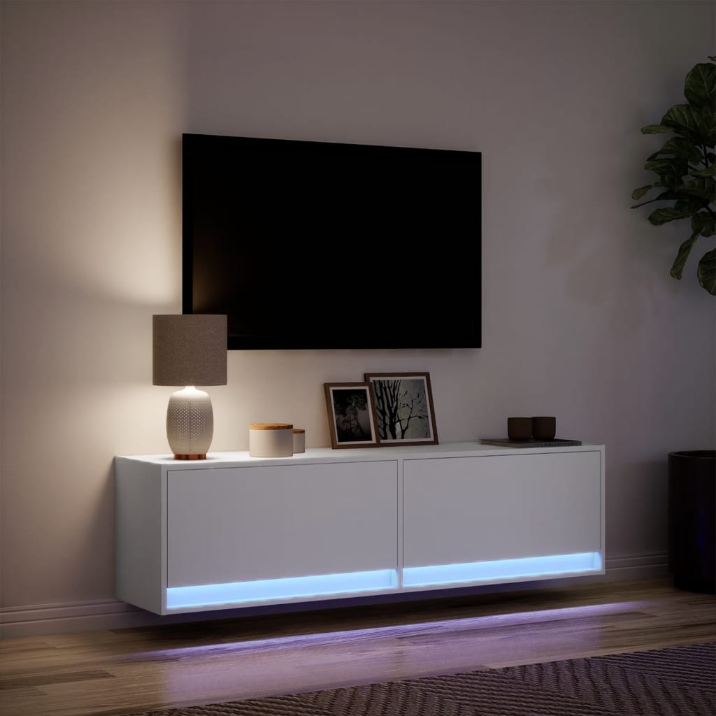 væghængt tv-bord med LED-lys 140x31x38 cm hvid