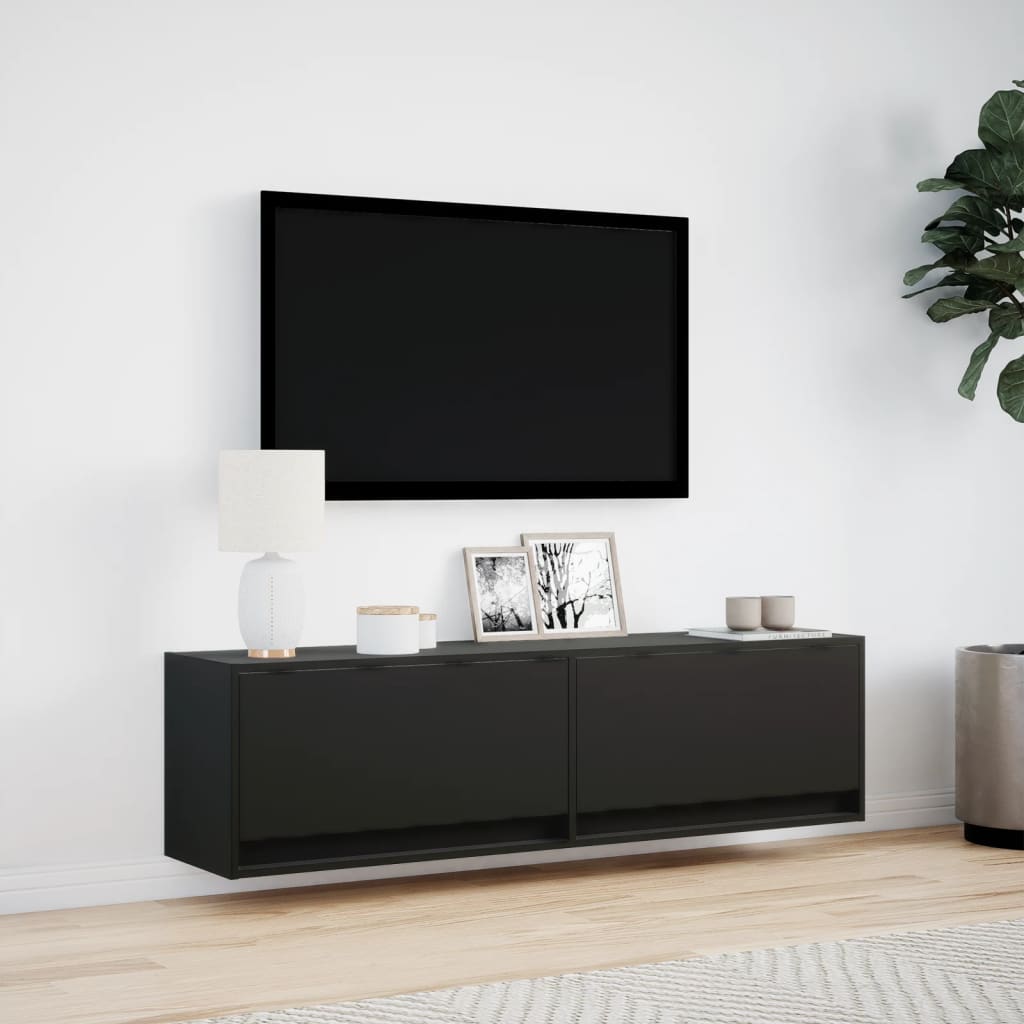 væghængt tv-bord med LED-lys 140x31x38 cm sort