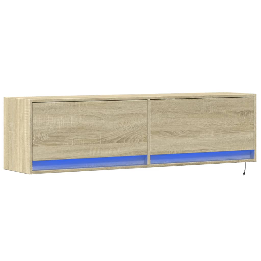 væghængt tv-bord med LED-lys 140x31x38 cm sonoma-eg