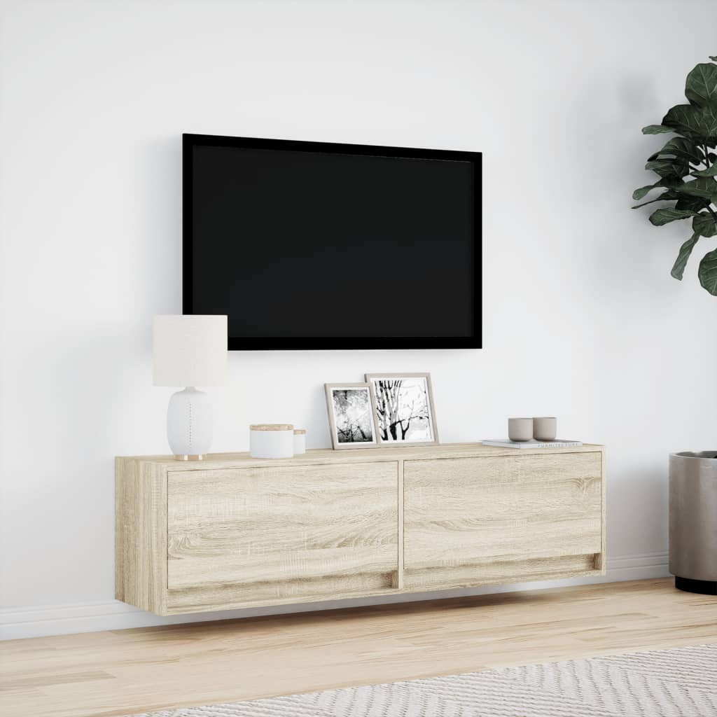 væghængt tv-bord med LED-lys 140x31x38 cm sonoma-eg