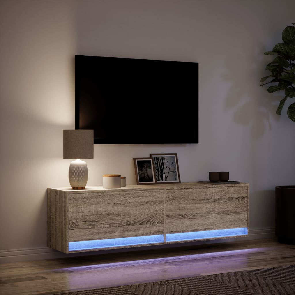 væghængt tv-bord med LED-lys 140x31x38 cm sonoma-eg