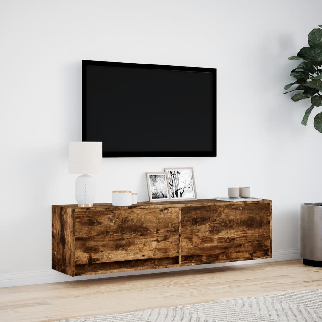 væghængt tv-bord med LED-lys 140x31x38 cm røget egetræsfarve