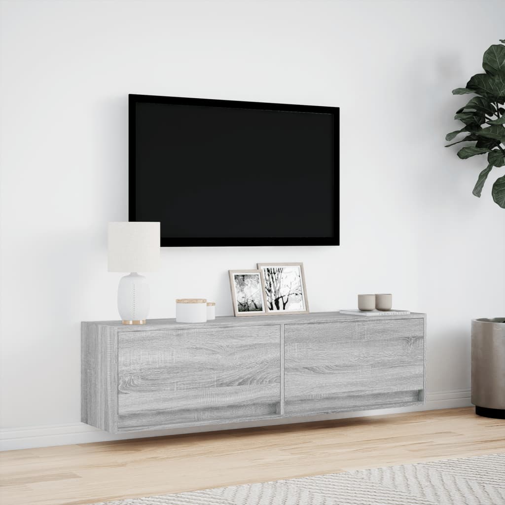 væghængt tv-bord med LED-lys 140x31x38 cm grå sonoma-eg