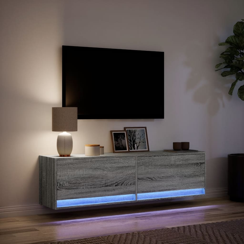 væghængt tv-bord med LED-lys 140x31x38 cm grå sonoma-eg