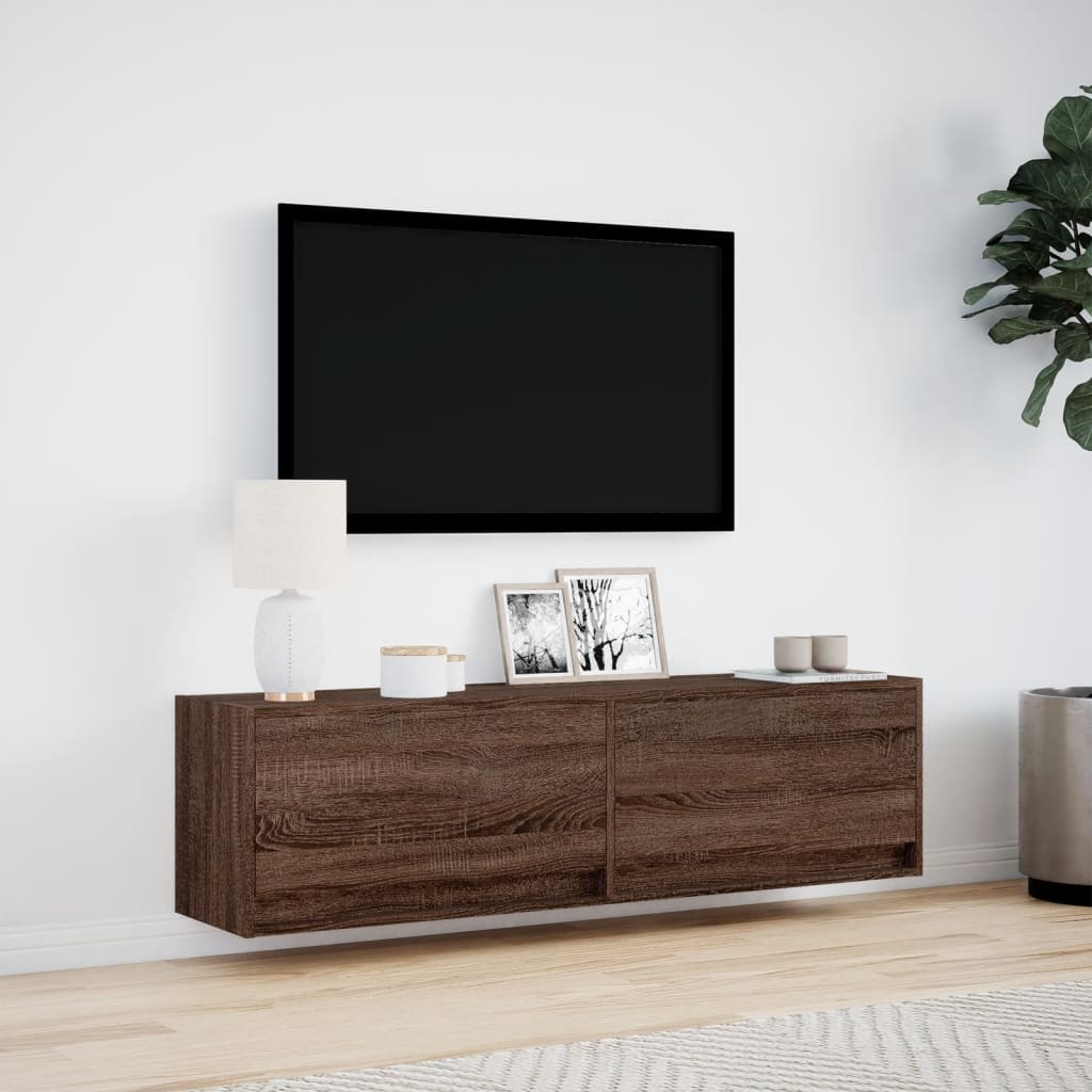 væghængt tv-bord med LED-lys 140x31x38 cm brun egetræsfarve