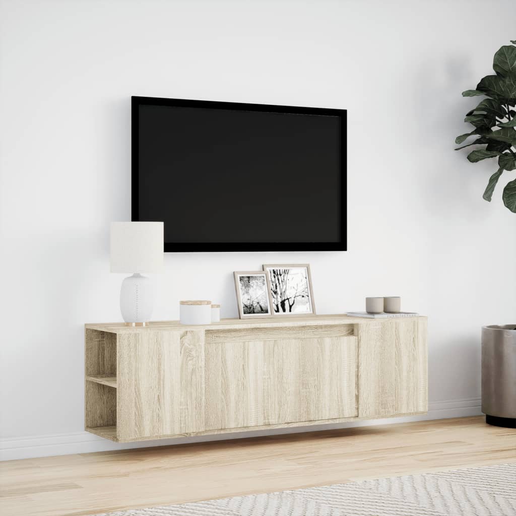 væghængt tv-bord med LED-lys 135x31x39,5 cm sonoma-eg