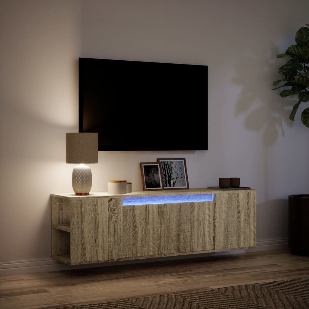 væghængt tv-bord med LED-lys 135x31x39,5 cm sonoma-eg