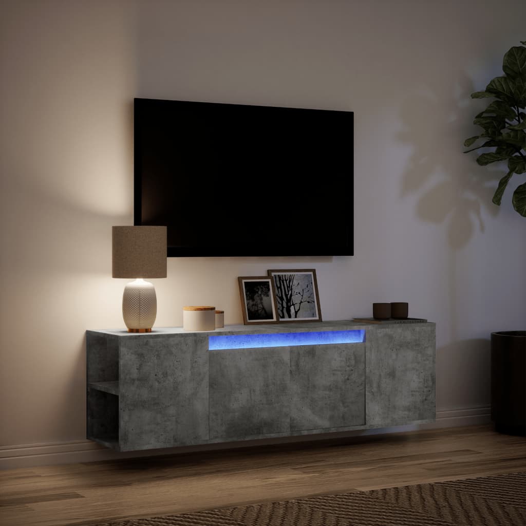 væghængt tv-bord med LED-lys 135x31x39,5 cm betongrå