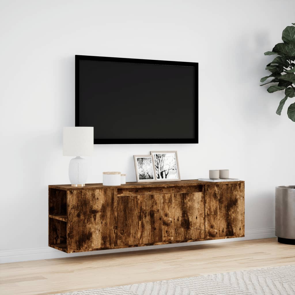 væghængt tv-bord med LED-lys 135x31x39,5 cm røget egetræsfarve