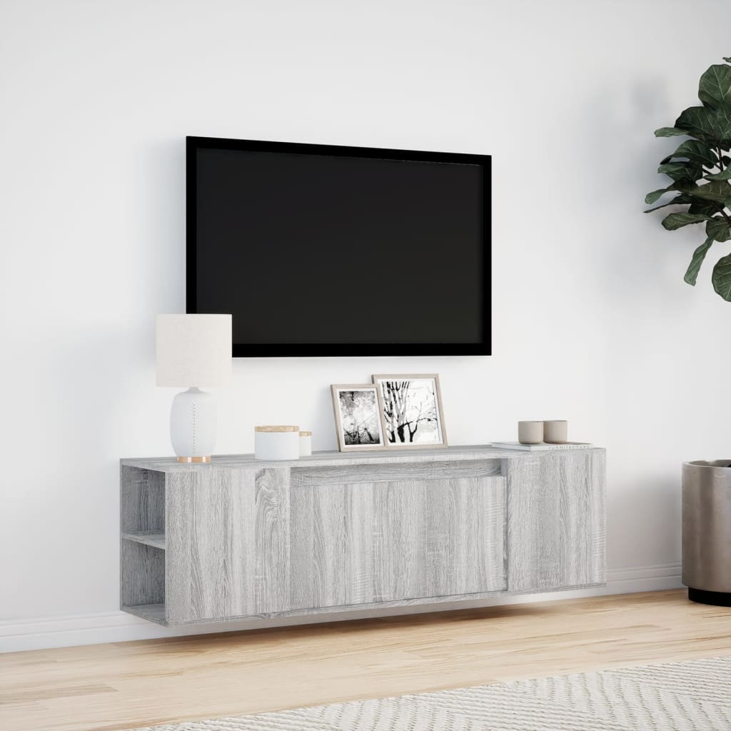 væghængt tv-bord med LED-lys 135x31x39,5 cm grå sonoma-eg