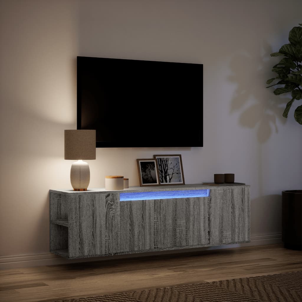 væghængt tv-bord med LED-lys 135x31x39,5 cm grå sonoma-eg