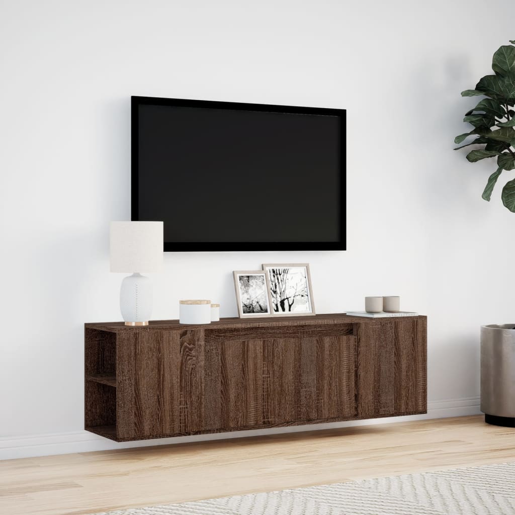 væghængt tv-bord med LED-lys 135x31x39,5 cm brun egetræsfarve